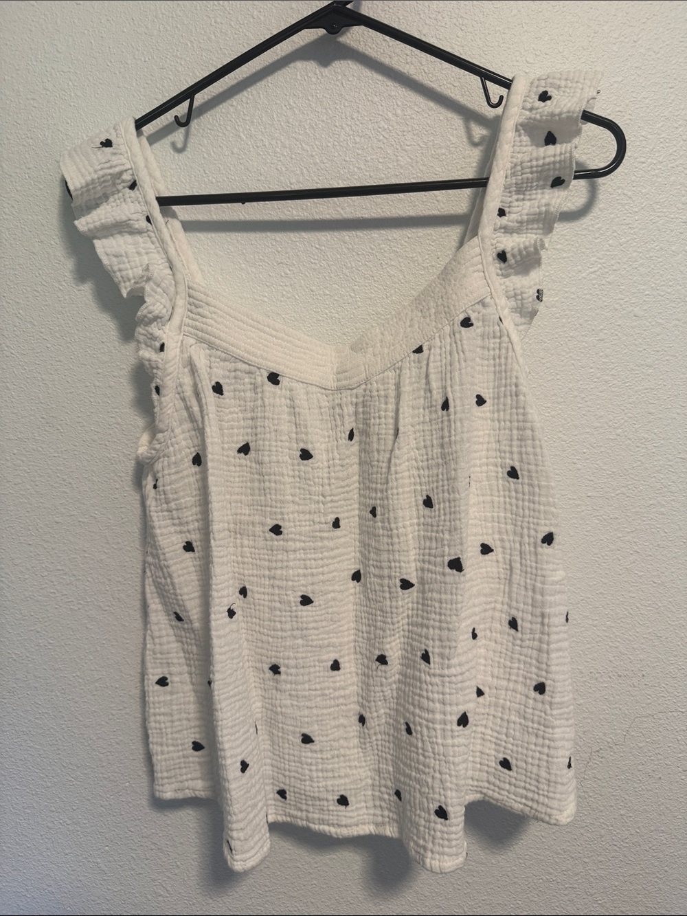 Rachel Zoe White Camisole with Black Heart Print and Ruffle Straps